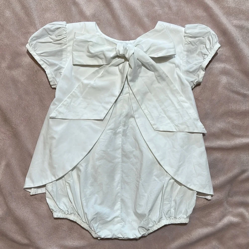 EUC The Proper Peony white bubble Romper with Red Bow Embroidery size 6mo